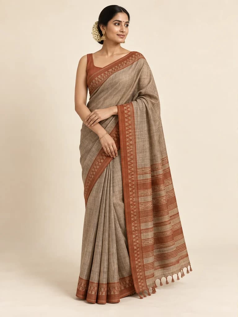Earthsong, a taupe Tussar saree