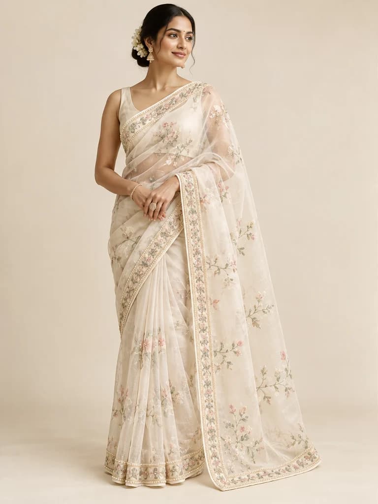 Moonlit Ivory, a ivory Organza saree