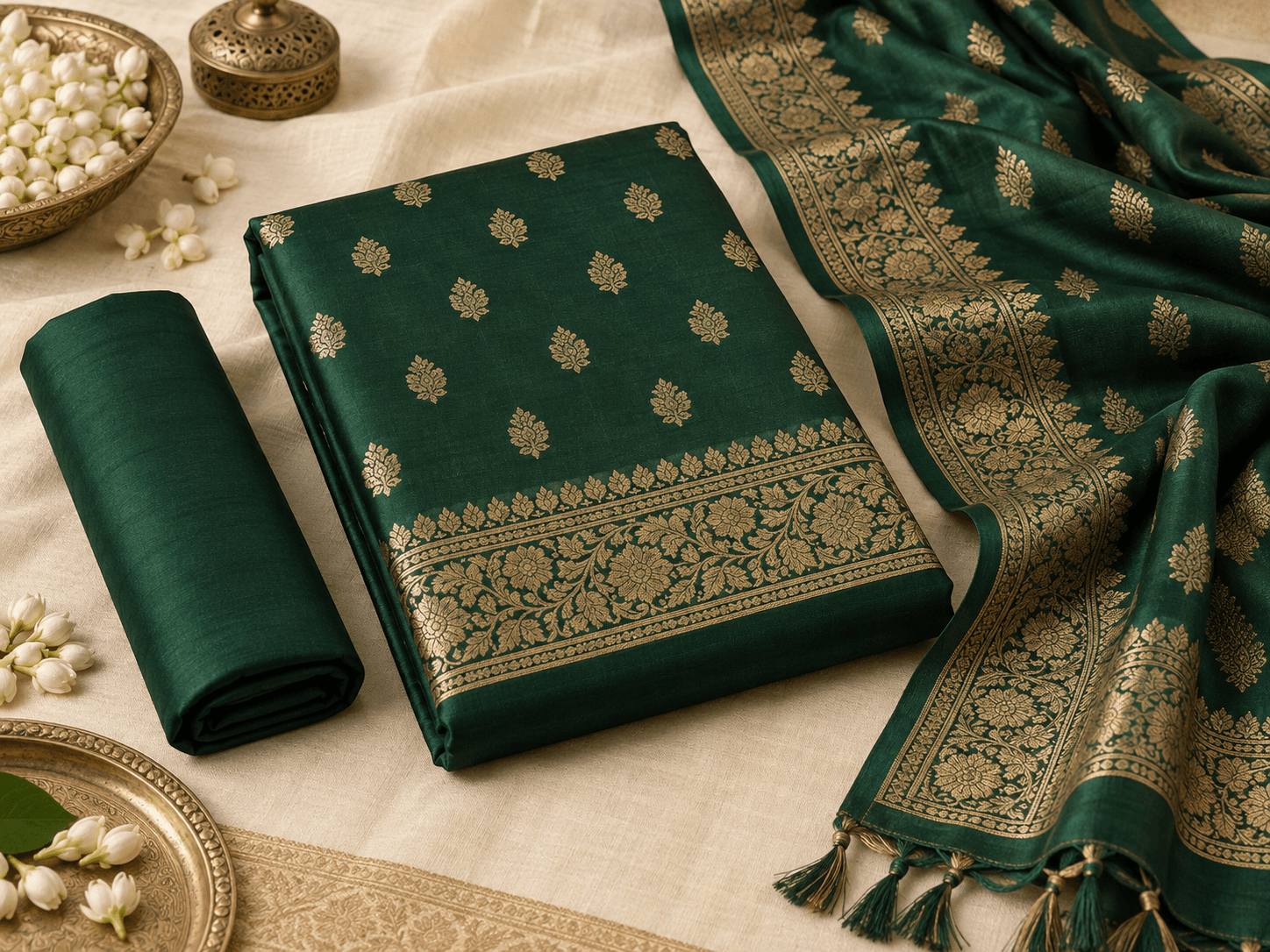 Vanam Banarasi Set, emerald dress material