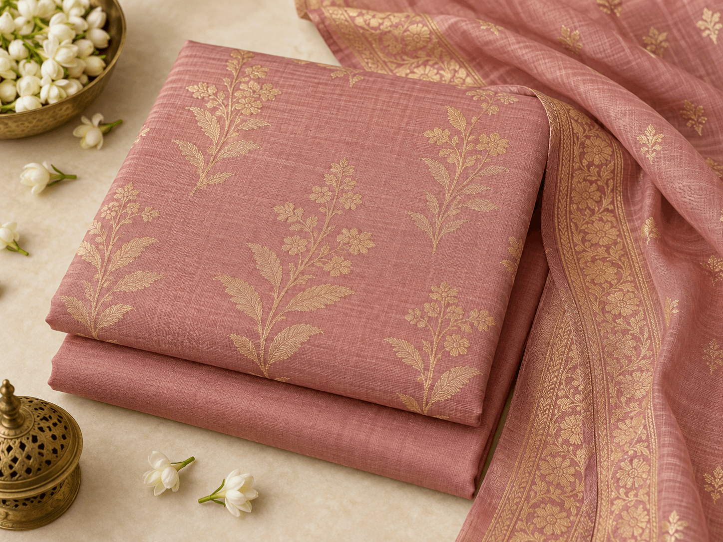 Gulab Chanderi Set, blush rose dress material