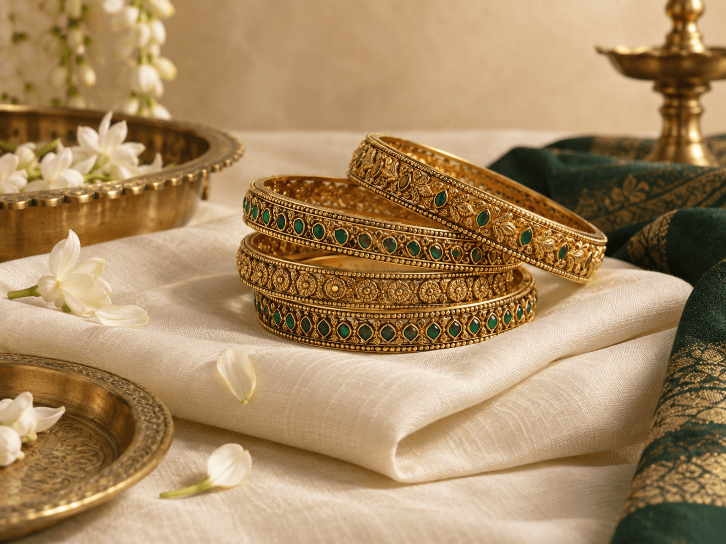 Vanam Bangle Set, emerald gold jewellery