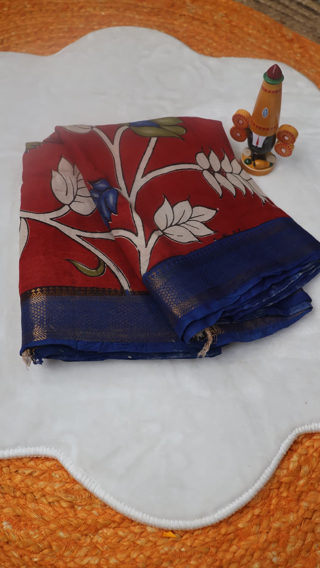 Crimson Blue Kalamkari, crimson red saree