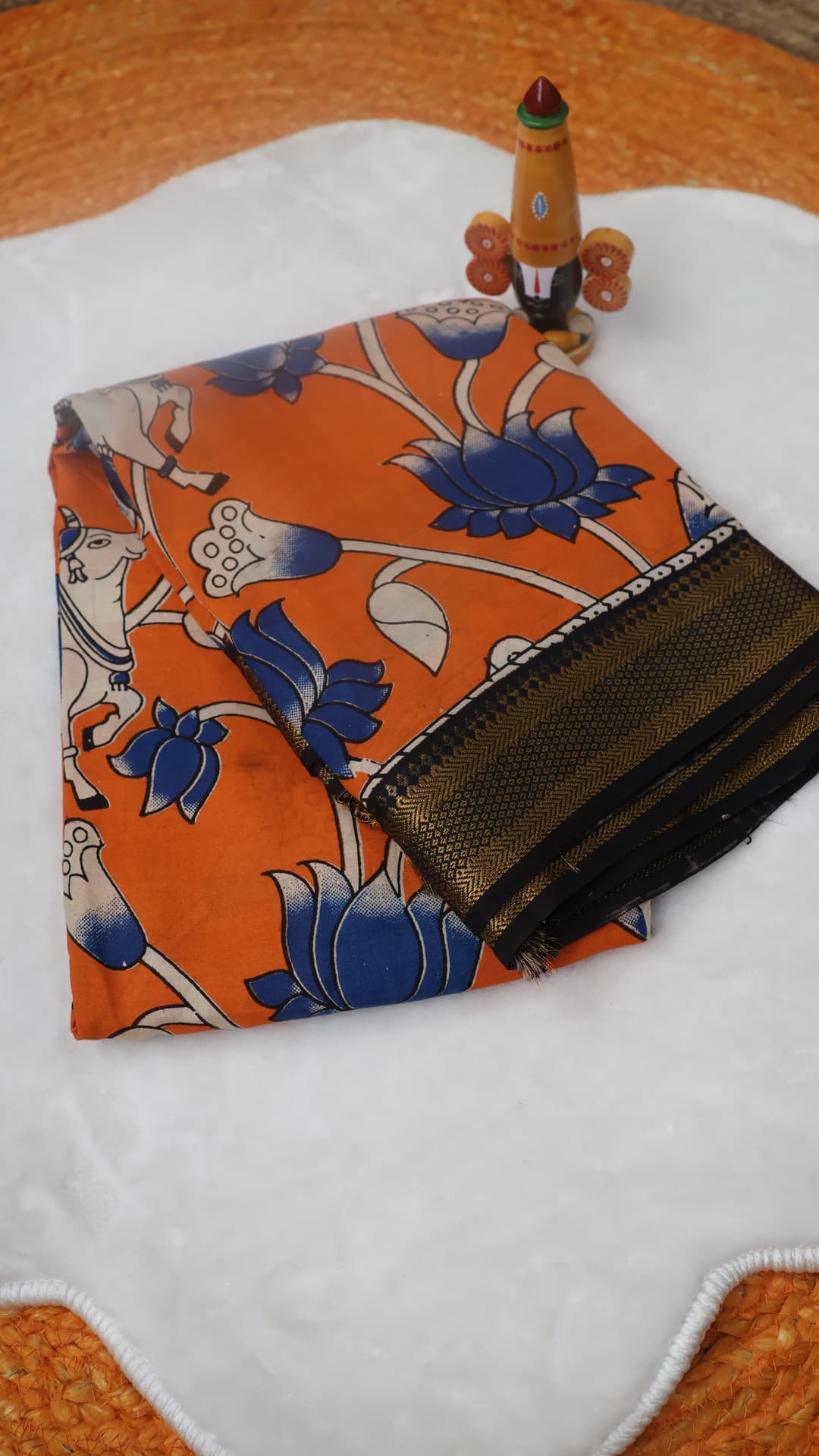 Orange Blue Kalamkari, orange saree