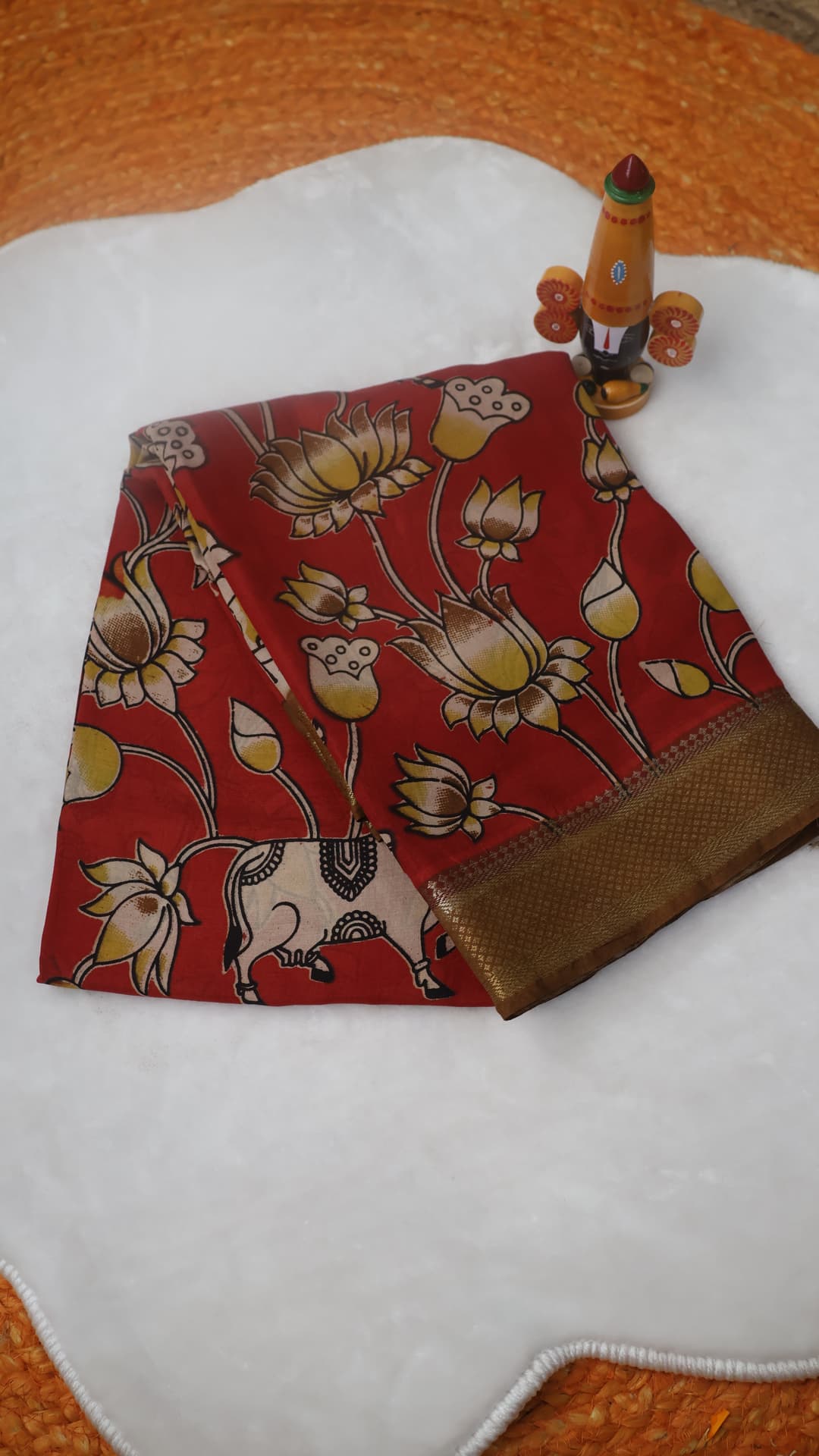 Brick Lotus Kalamkari, brick red saree