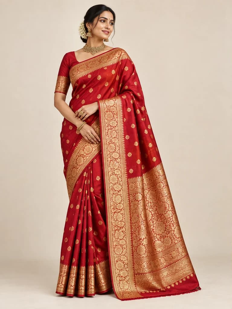 Kumkum, a crimson Kanchipuram saree