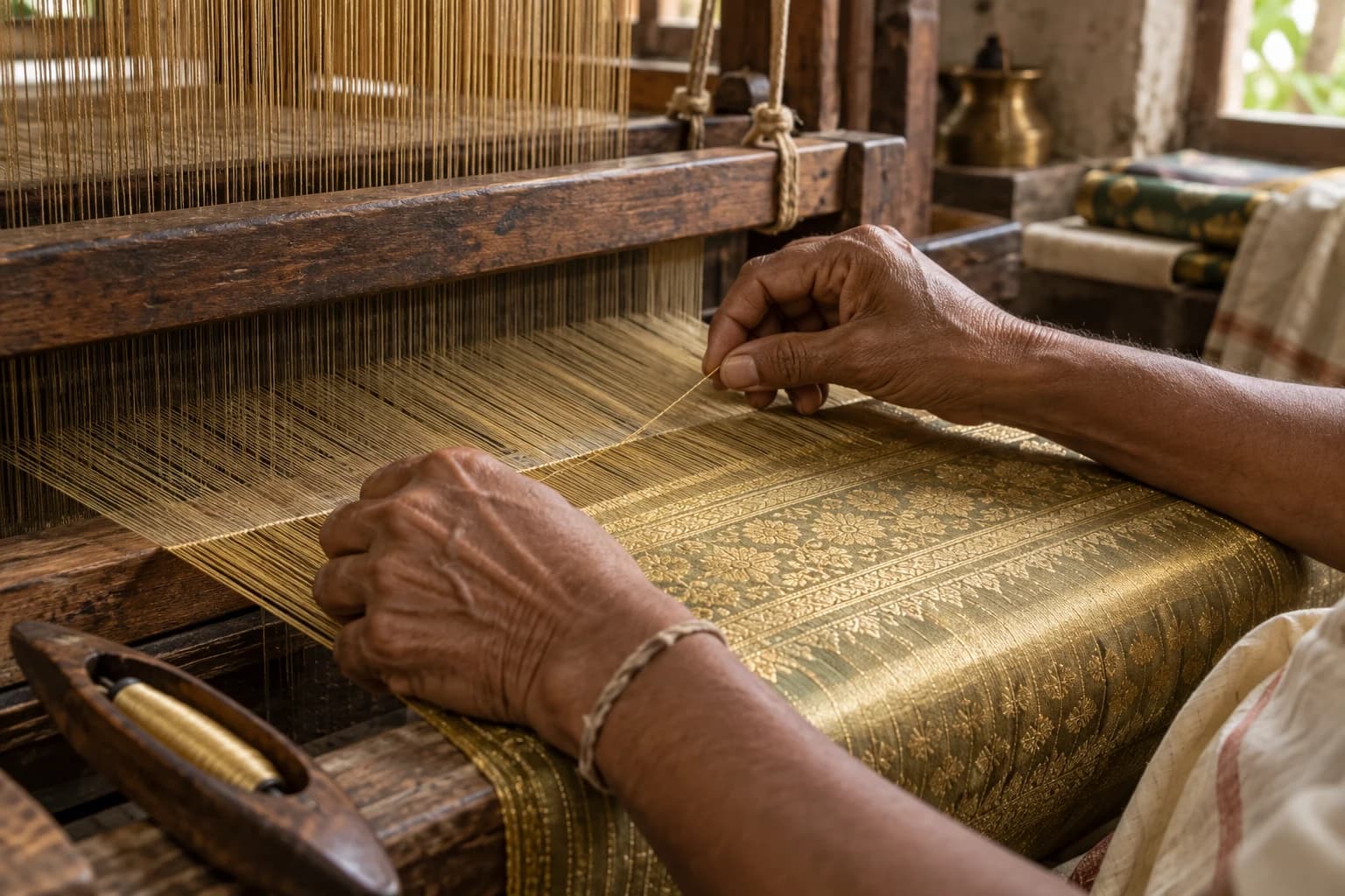An artisan's hands guiding gold threads through a traditional wooden loom