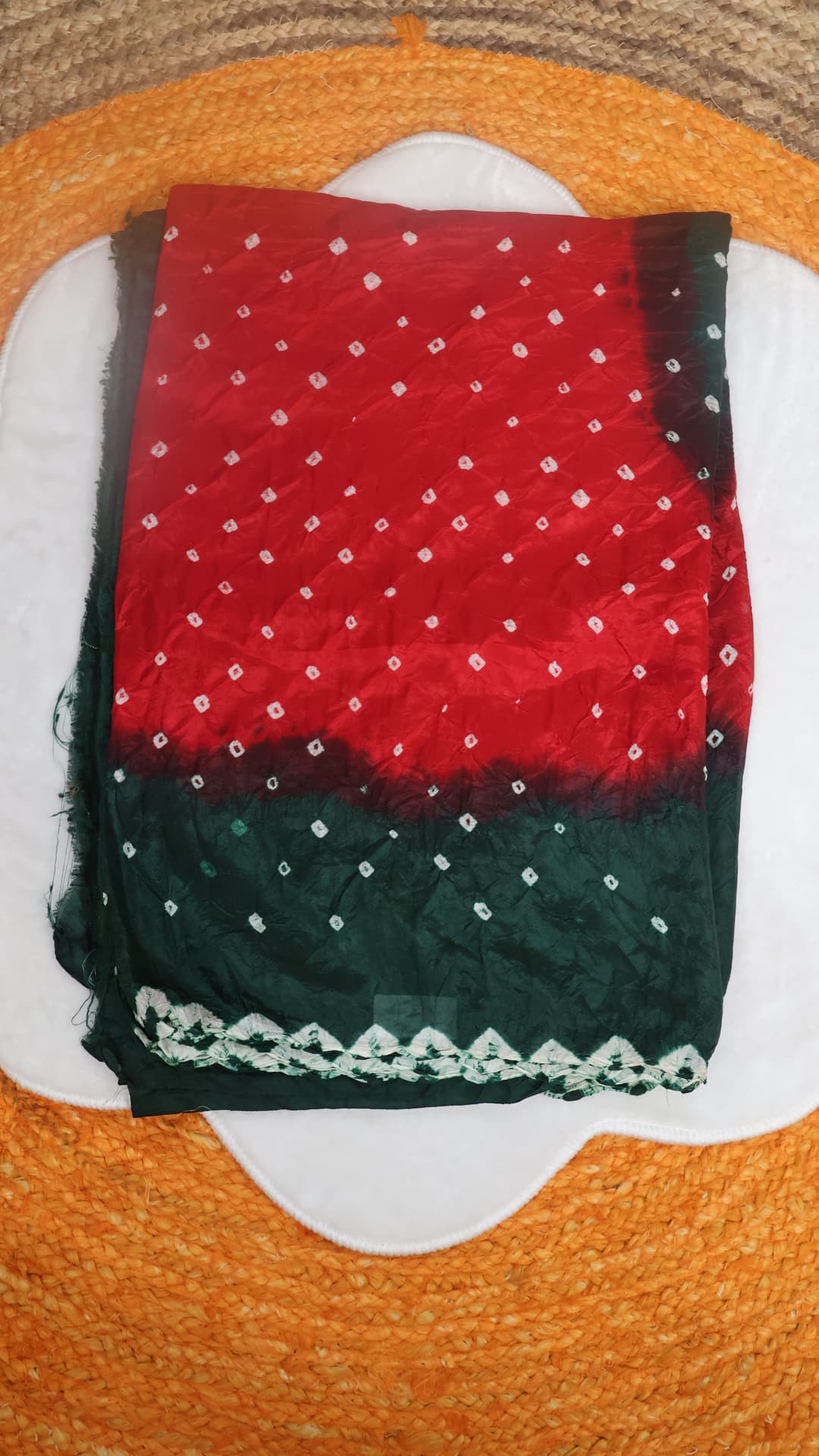 Crimson Green Bandhani, red saree