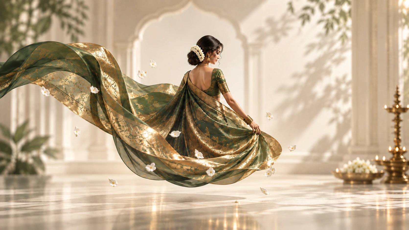 A woman in an emerald silk saree with a flowing gold-bordered pallu